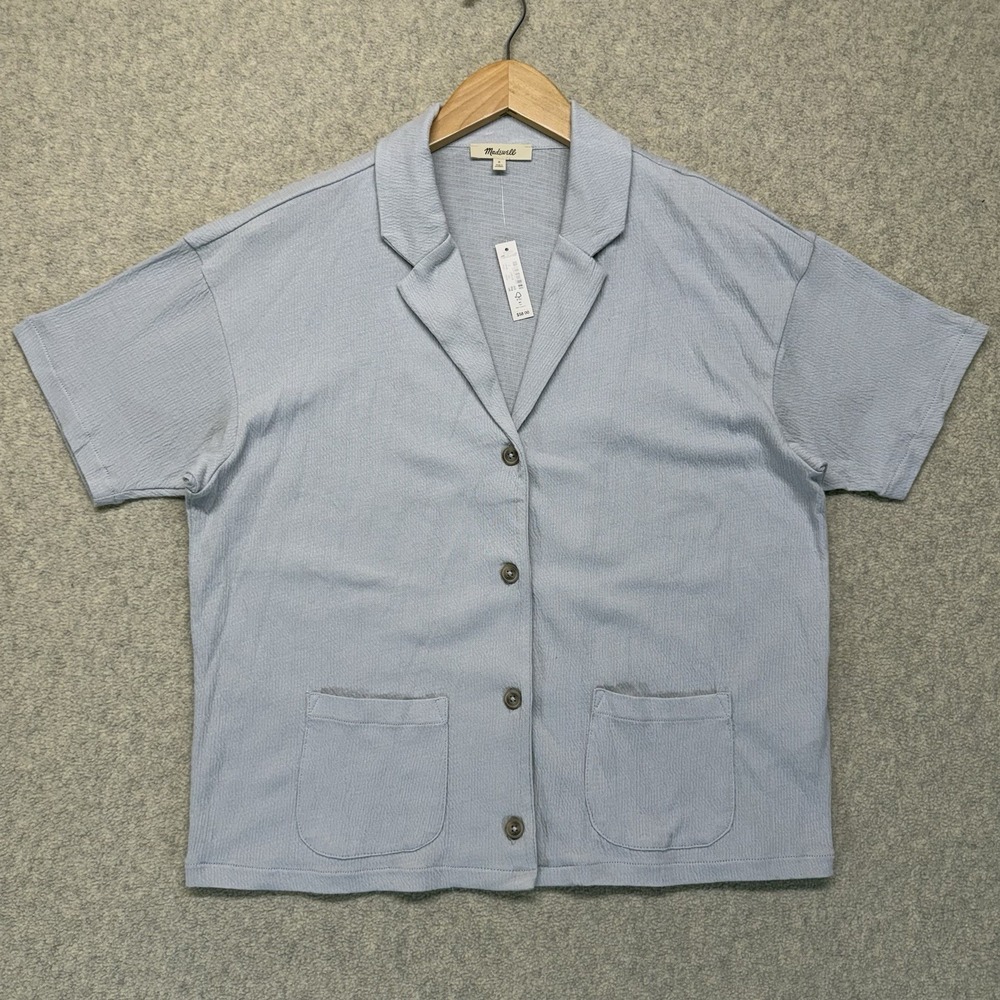 Madewell Womens Short‎ Sleeve Knit Camp Shirt Light Blue Button Front Size S NWT